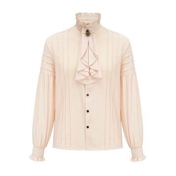Victorian High-Neck Ruffle Blouse w/ Jabot+Brooch